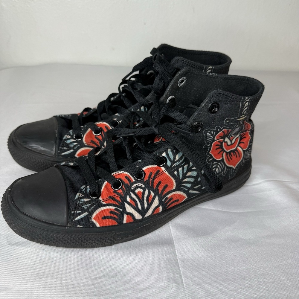 Raad Traditional Red Flower Dagger Black High Top Sneakers Shoes Womens 9.5 - Picture 2 of 14
